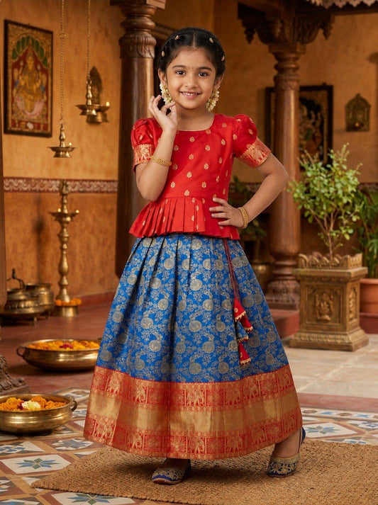 Girls Red Peplum Top with Blue Banarasi Silk Lehenga Set
