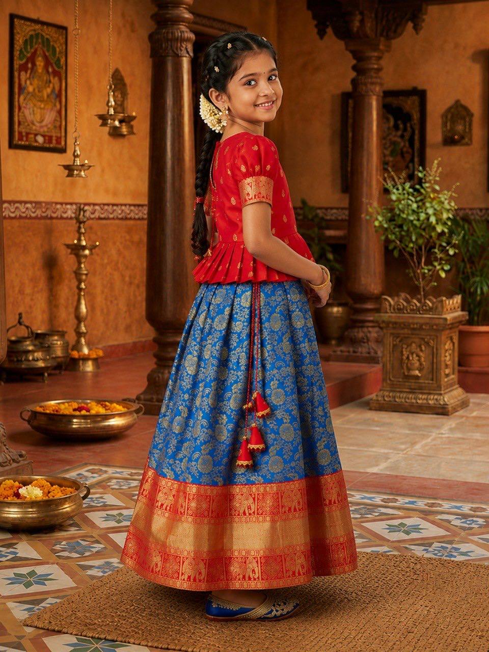 Girls Red Peplum Top with Blue Banarasi Silk Lehenga Set