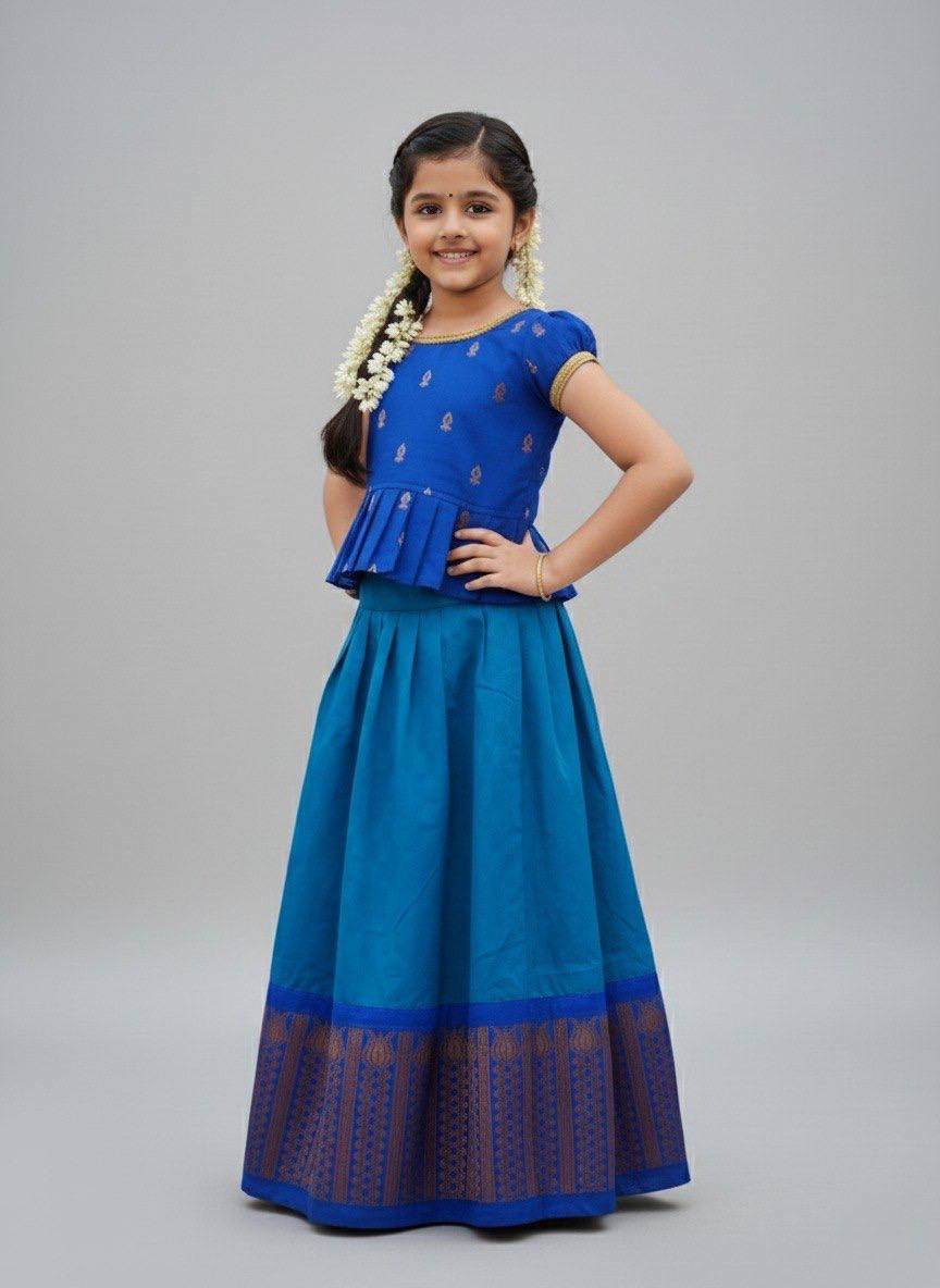 Girls Royal Blue Ethnic Peplum Top & Long Skirt Set