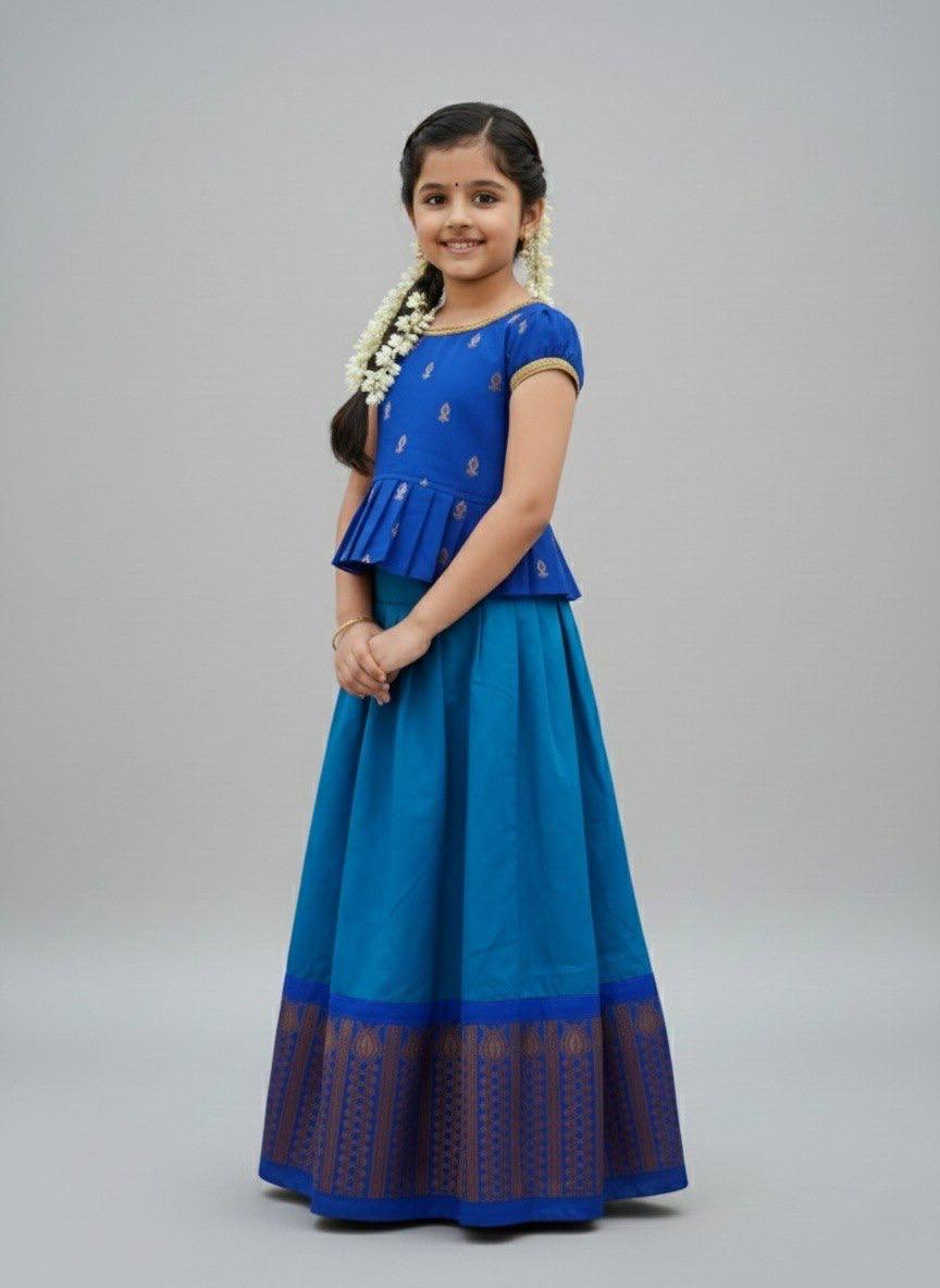 Girls Royal Blue Ethnic Peplum Top & Long Skirt Set