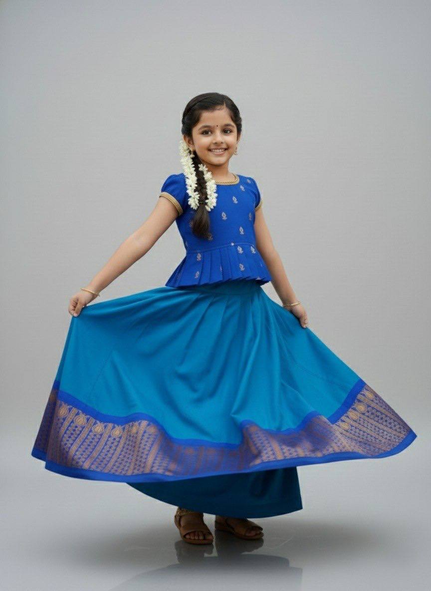 Girls Royal Blue Ethnic Peplum Top & Long Skirt Set
