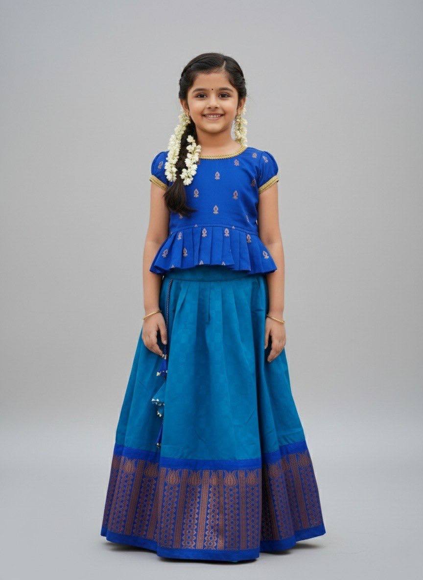 Girls Royal Blue Ethnic Peplum Top & Long Skirt Set