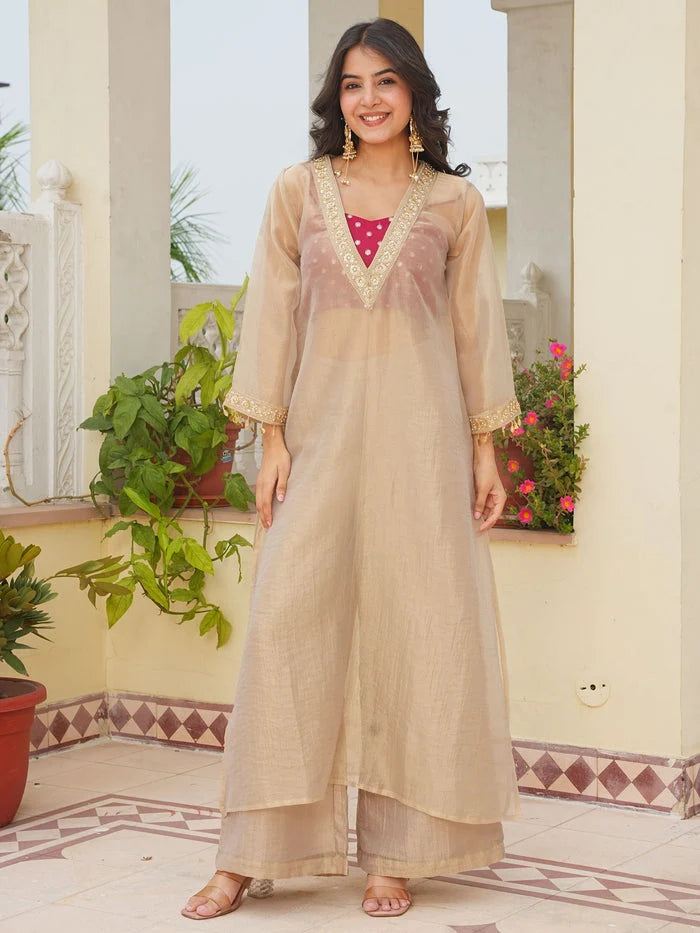 Golden Grace Tissue Kurta Palazzo Set for Women