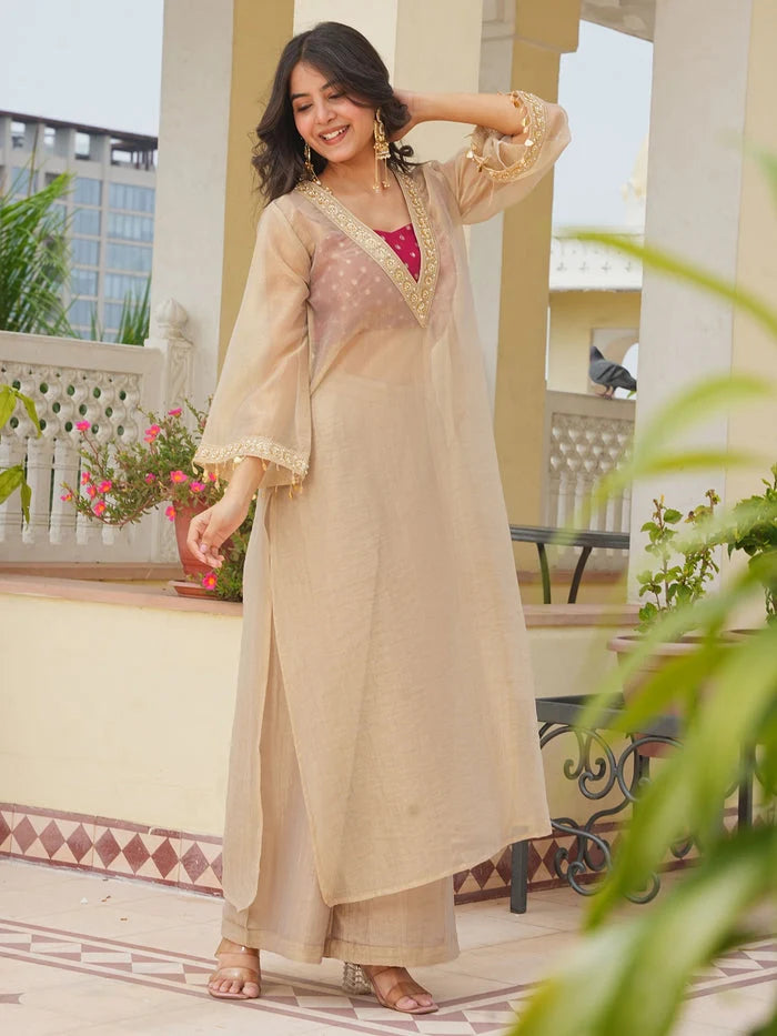 Golden Grace Tissue Kurta Palazzo Set for Women