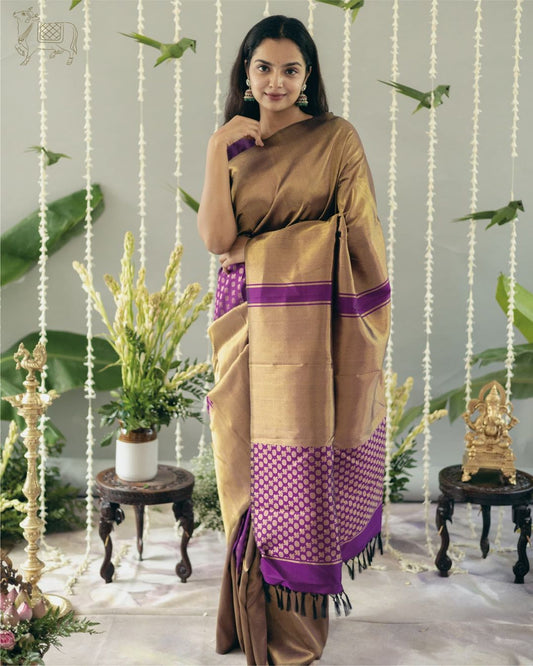 Golden Mocha & Royal Violet Kanjivaram Silk Saree