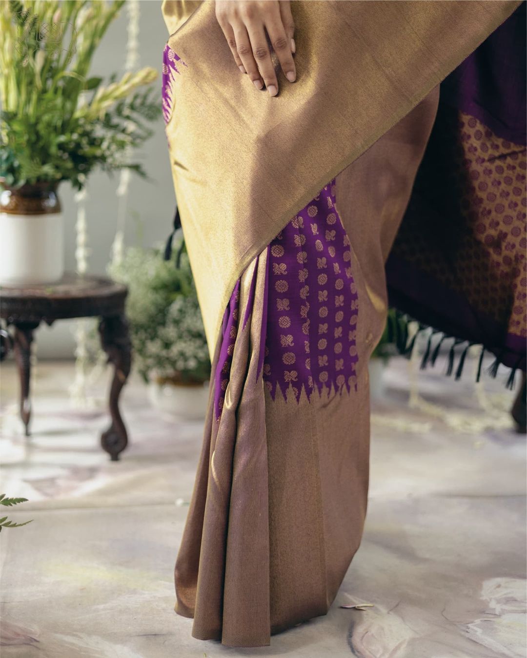 Golden Mocha & Royal Violet Kanjivaram Silk Saree