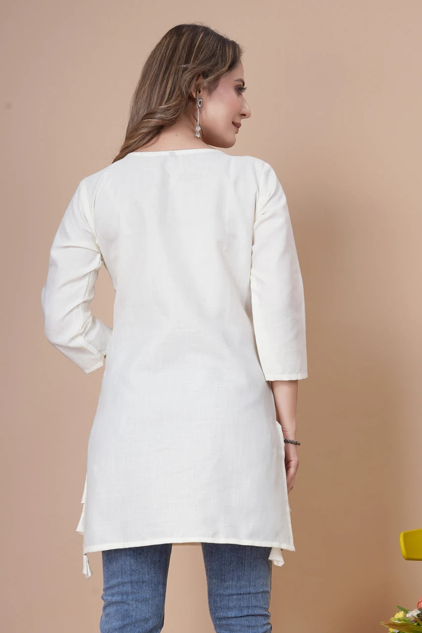 Heritage Elephant Embroidered White Kurti Top