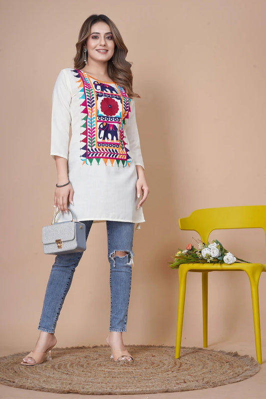 Heritage Elephant Embroidered White Kurti Top