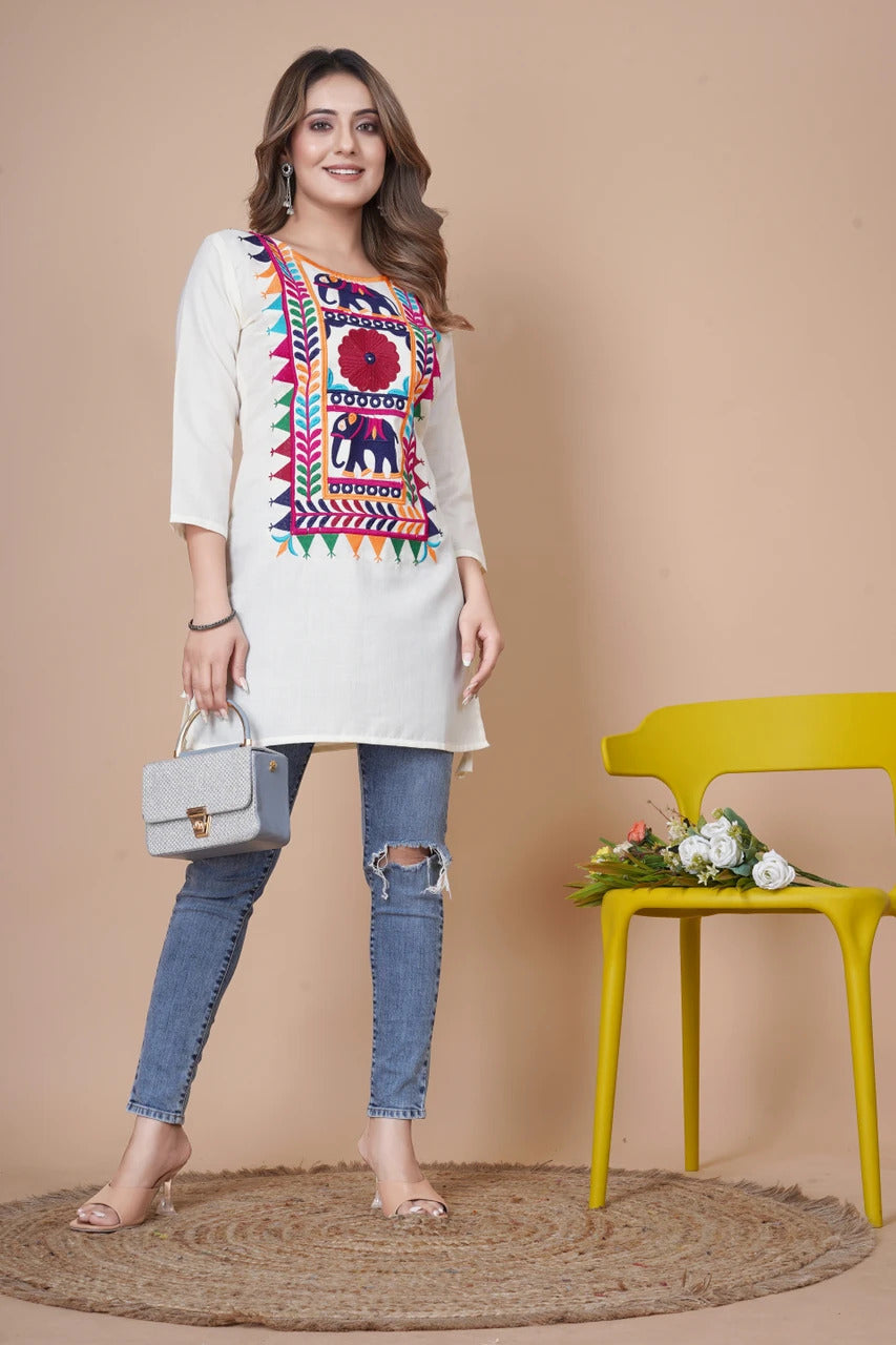 Heritage Elephant Embroidered White Kurti Top