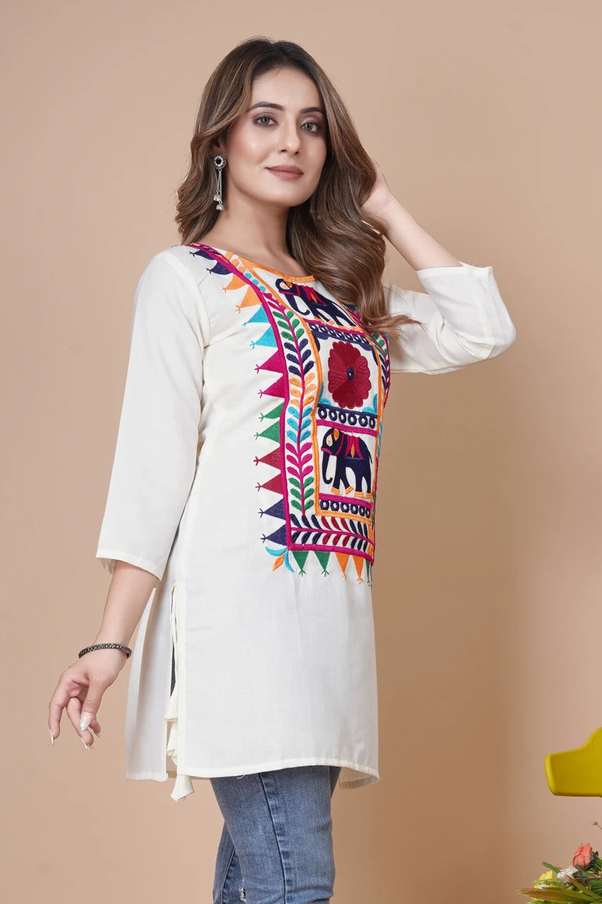 Heritage Elephant Embroidered White Kurti Top