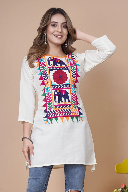 Heritage Elephant Embroidered White Kurti Top