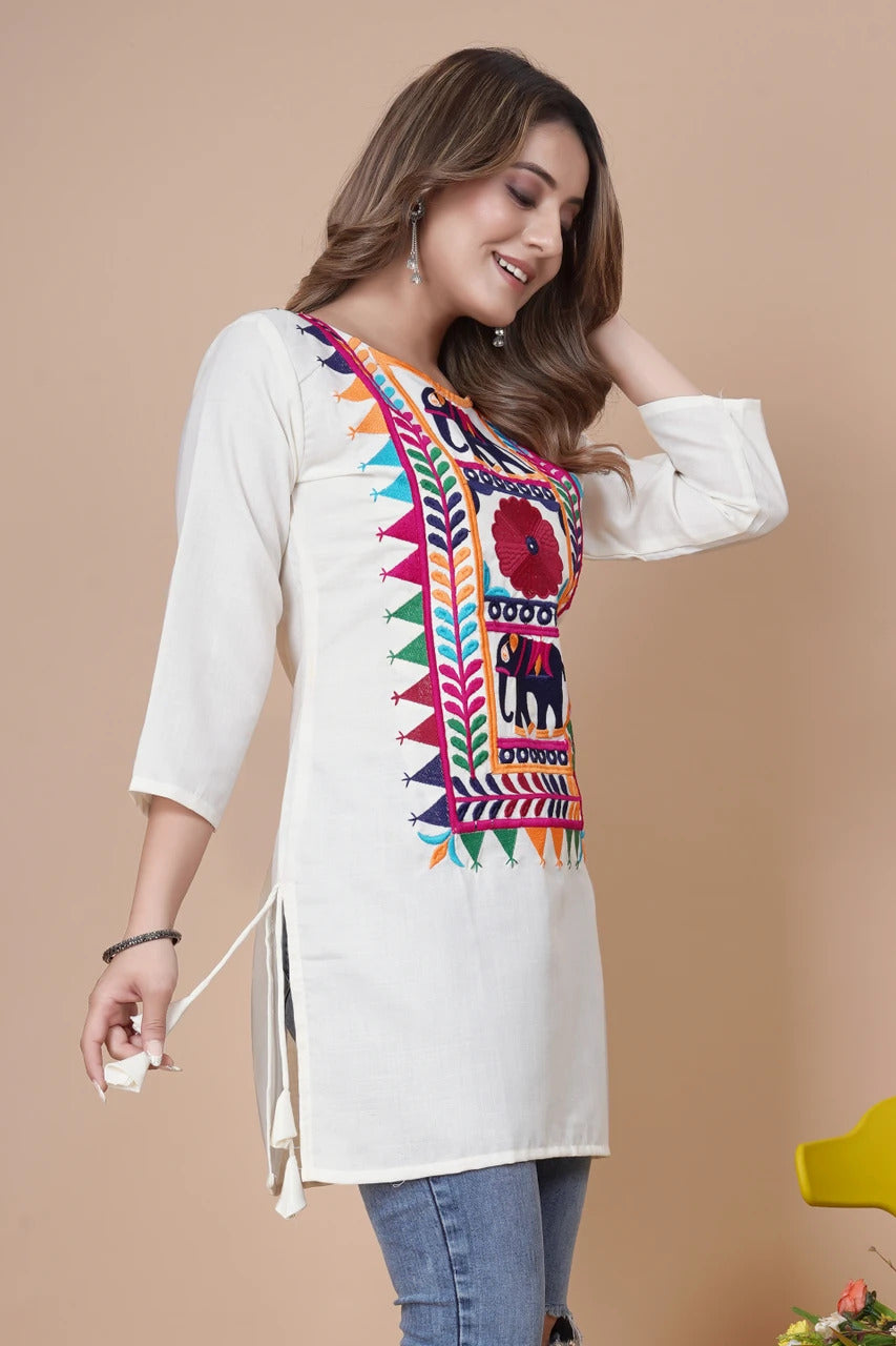 Heritage Elephant Embroidered White Kurti Top