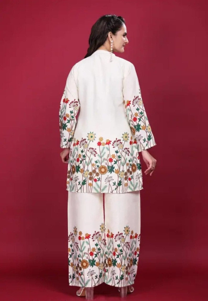 Ivory Floral Printed Kurta Palazzo Set