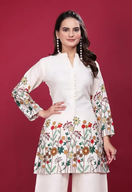 Ivory Floral Printed Kurta Palazzo Set