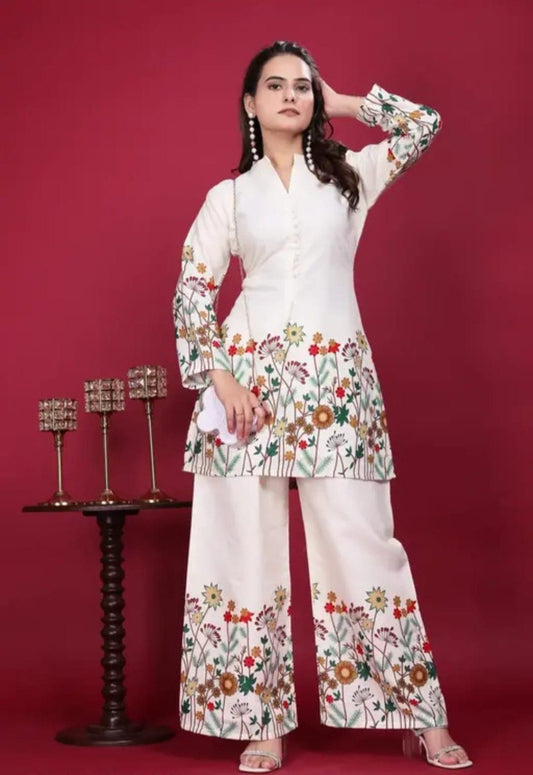 Ivory Floral Printed Kurta Palazzo Set