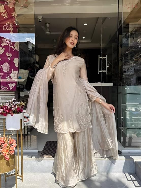 Ivory Grace Embroidered Kurta Sharara Set with Dupatta