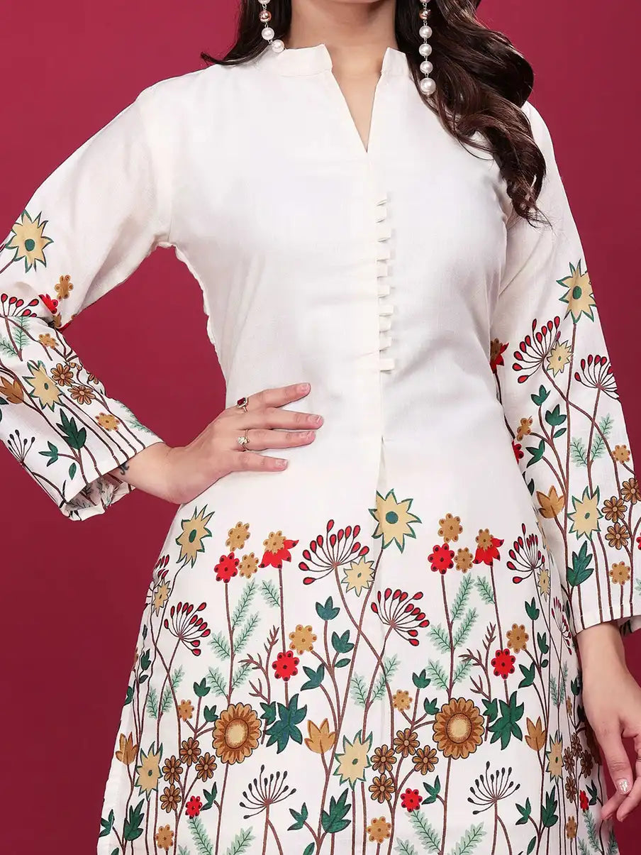 Ivory Floral Printed Kurta Palazzo Set