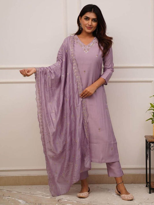 Lavender Luxe Embroidered Kurta Set with Dupatta