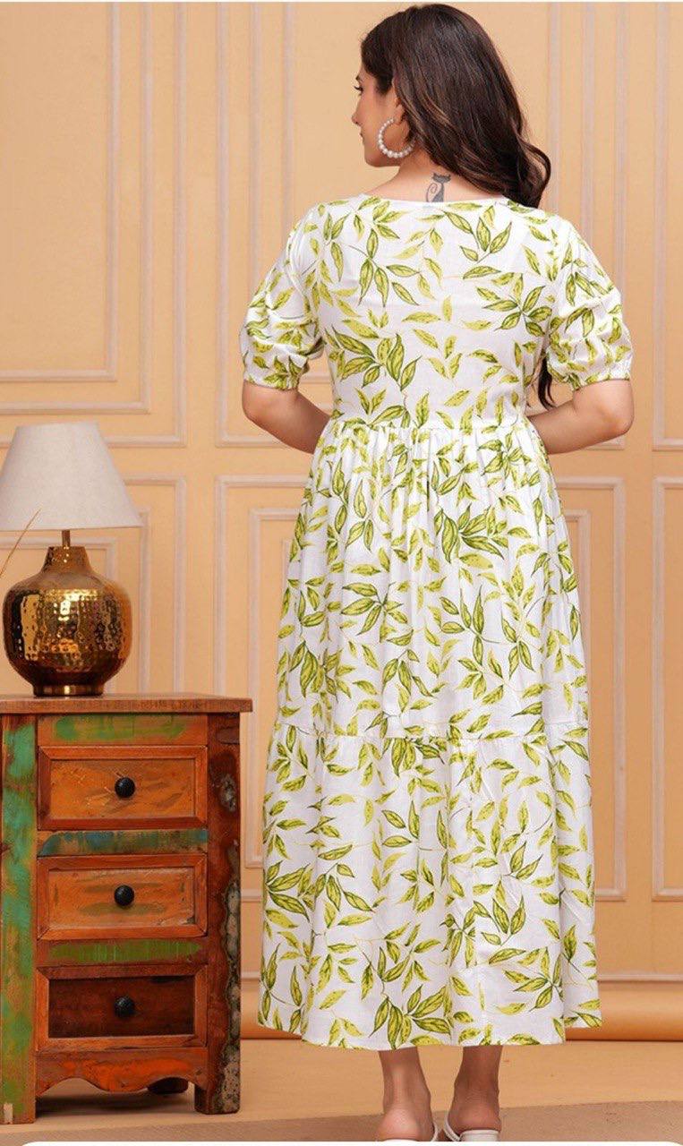 Luna Leaf Print Cotton Midi Dress for Women