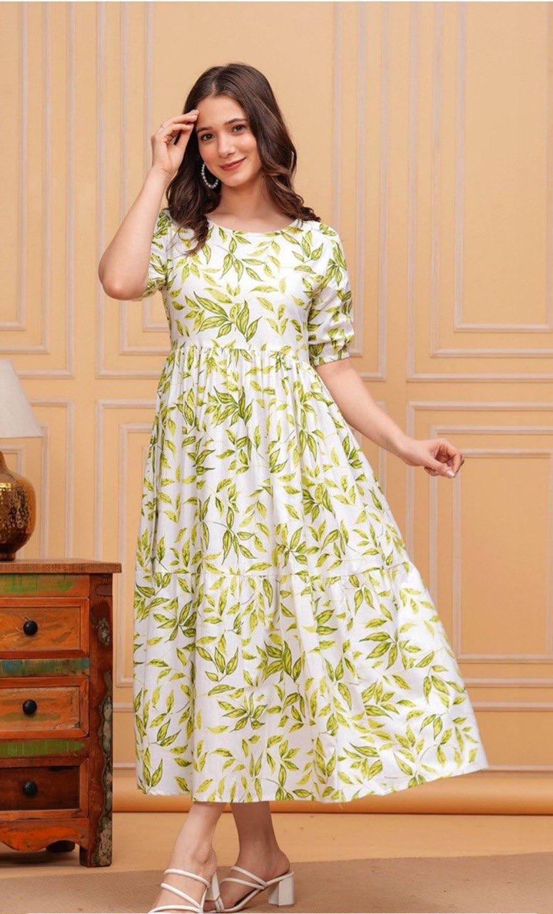 Luna Leaf Print Cotton Midi Dress for Women