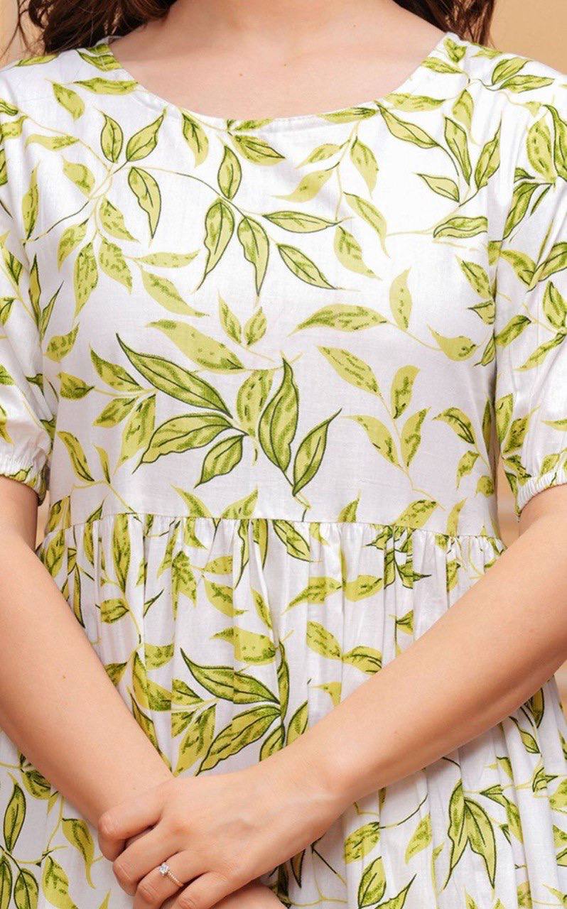 Luna Leaf Print Cotton Midi Dress for Women