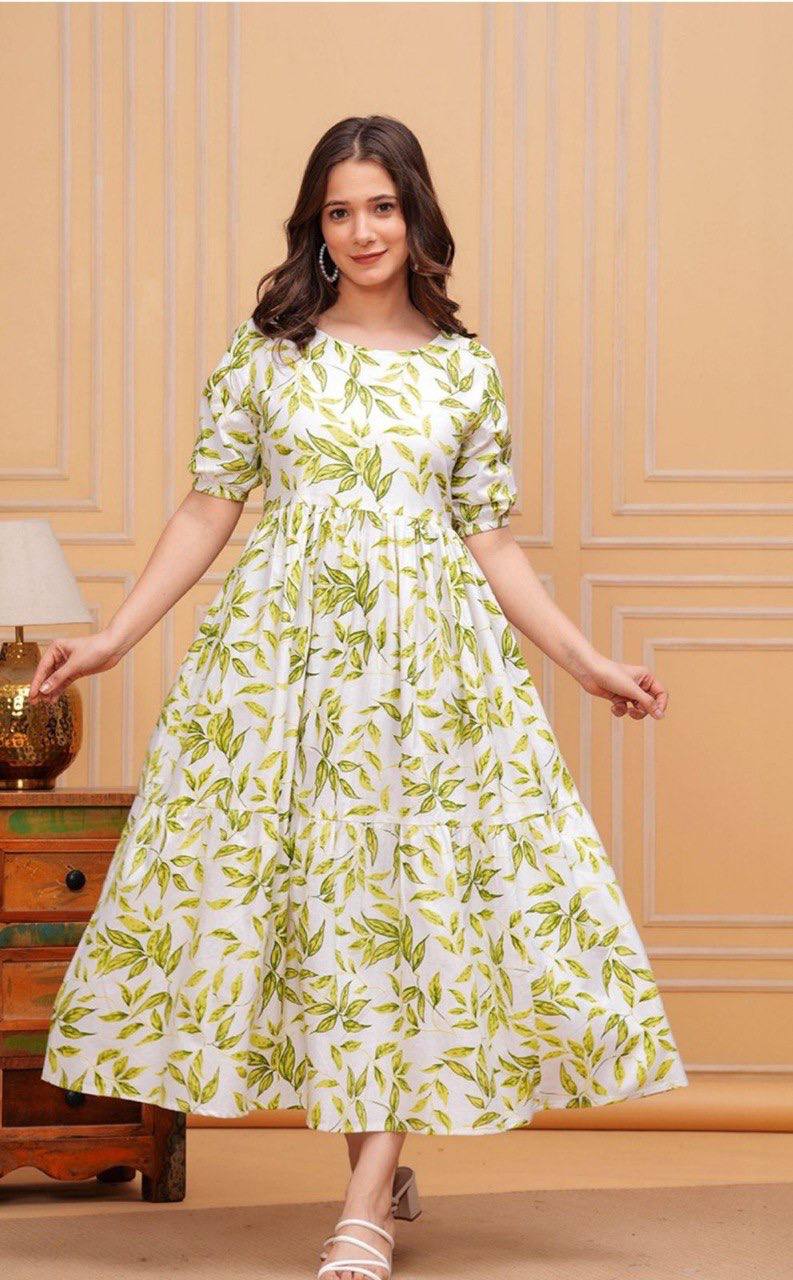 Luna Leaf Print Cotton Midi Dress for Women