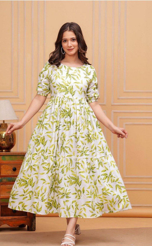 Luna Leaf Print Cotton Midi Dress for Women