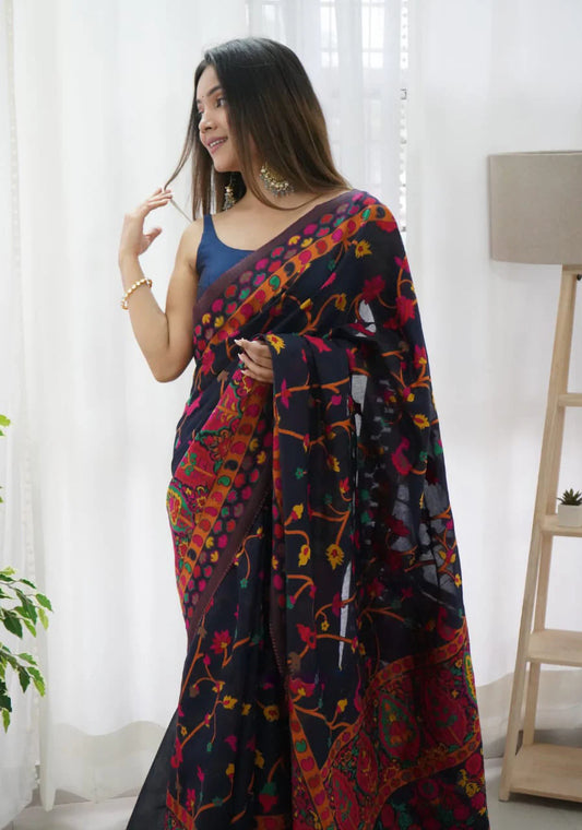 Midnight Garden Printed Navy Blue Silk Saree