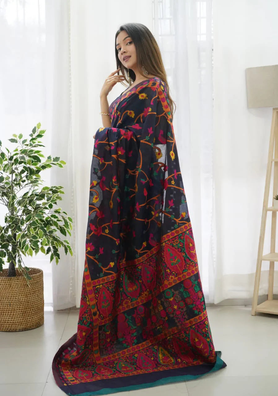 Midnight Garden Printed Navy Blue Silk Saree