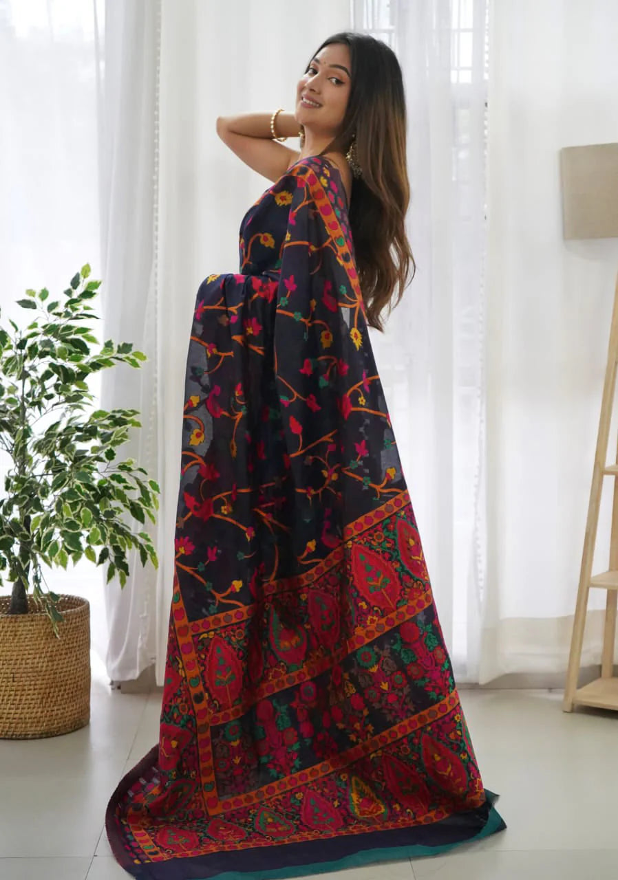 Midnight Garden Printed Navy Blue Silk Saree