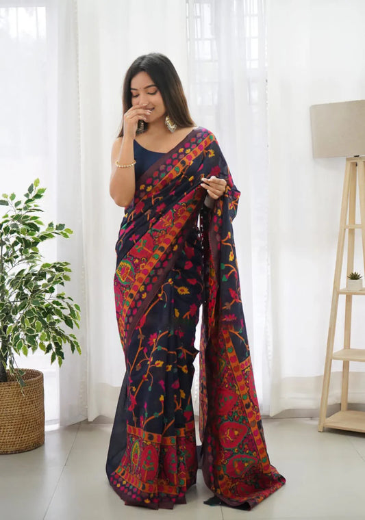 Midnight Garden Printed Navy Blue Silk Saree