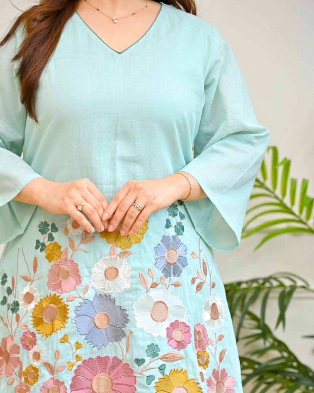 Mint Blossom Threaded Mul Cotton Farshi Set