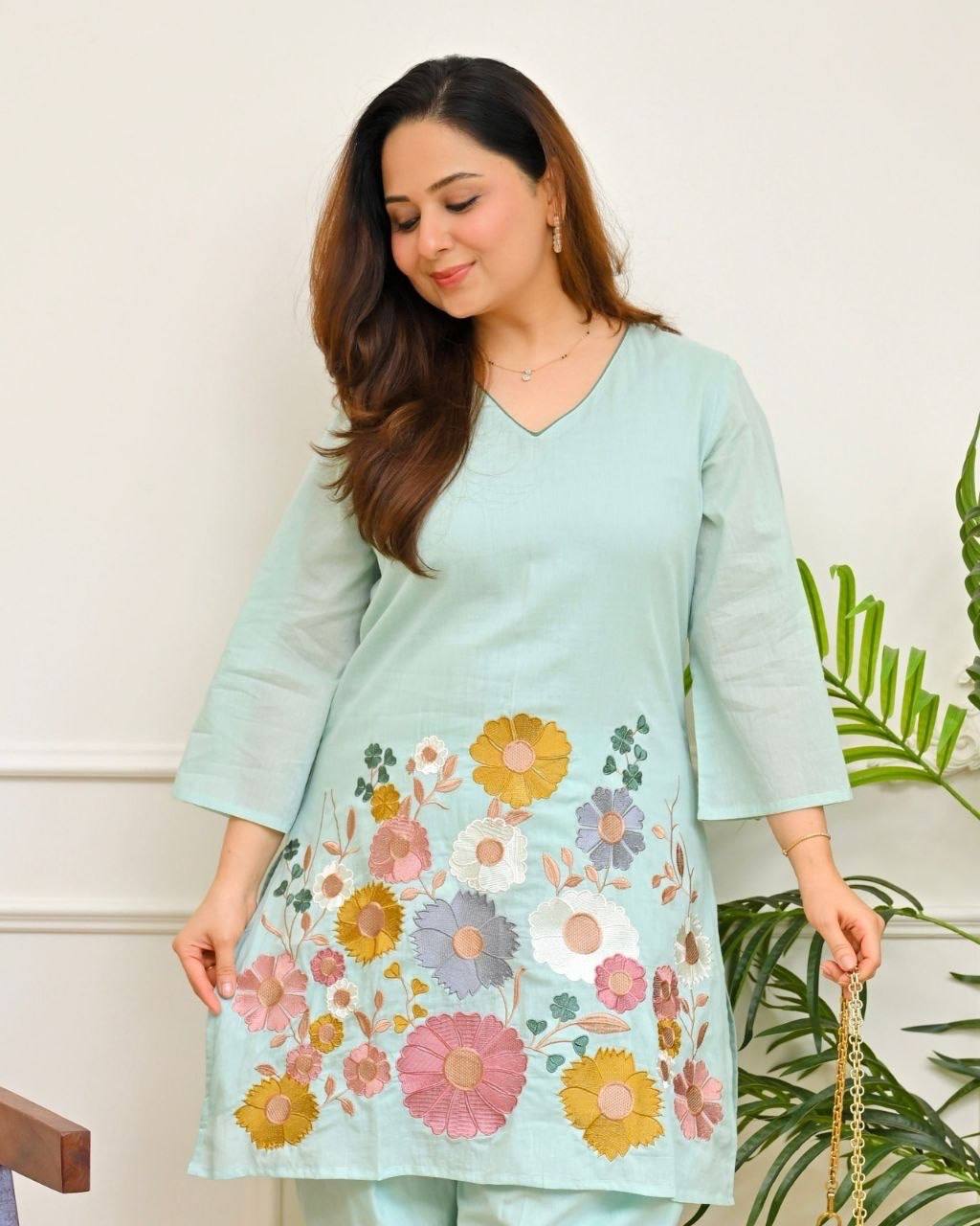 Mint Blossom Threaded Mul Cotton Farshi Set
