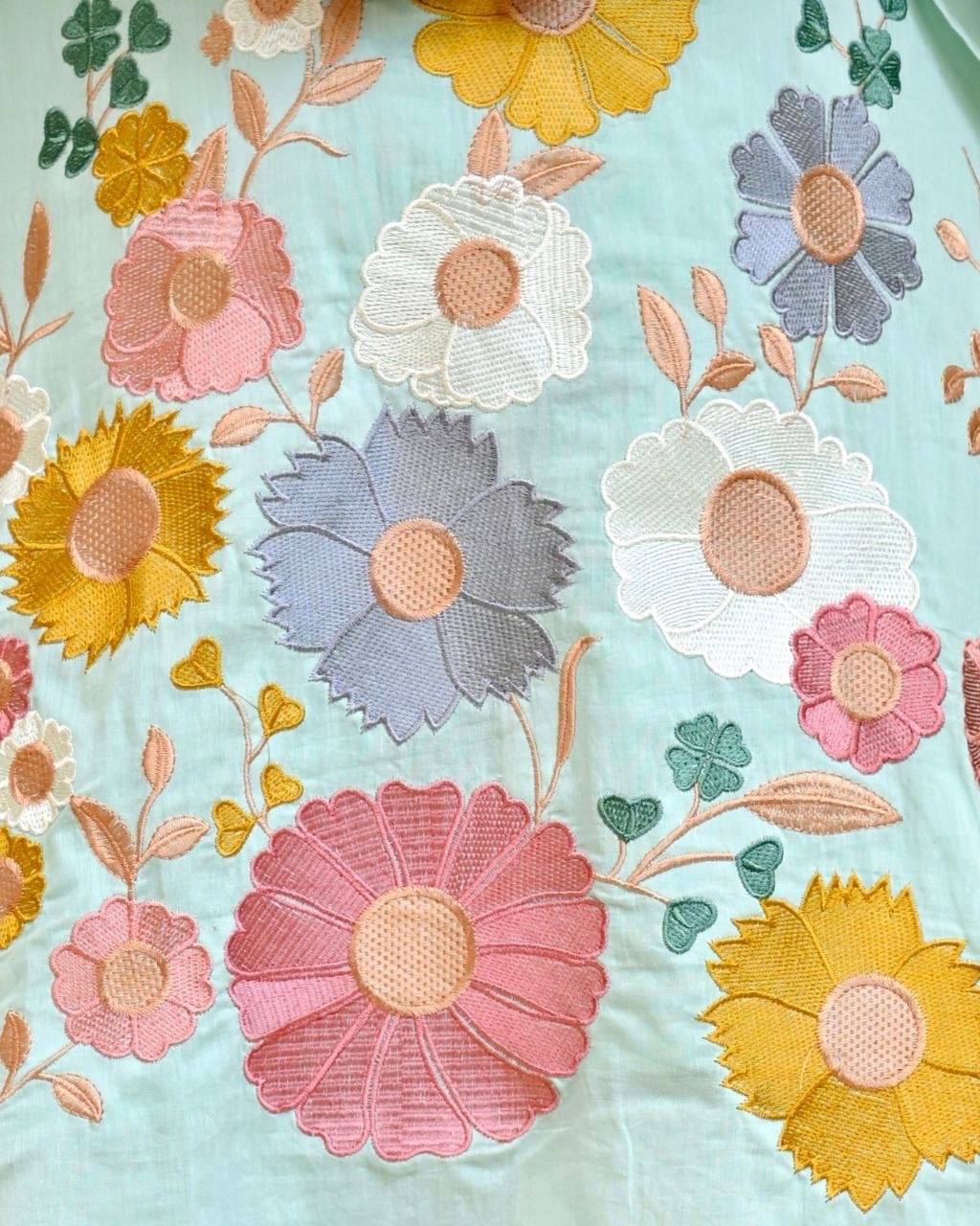 Mint Blossom Threaded Mul Cotton Farshi Set