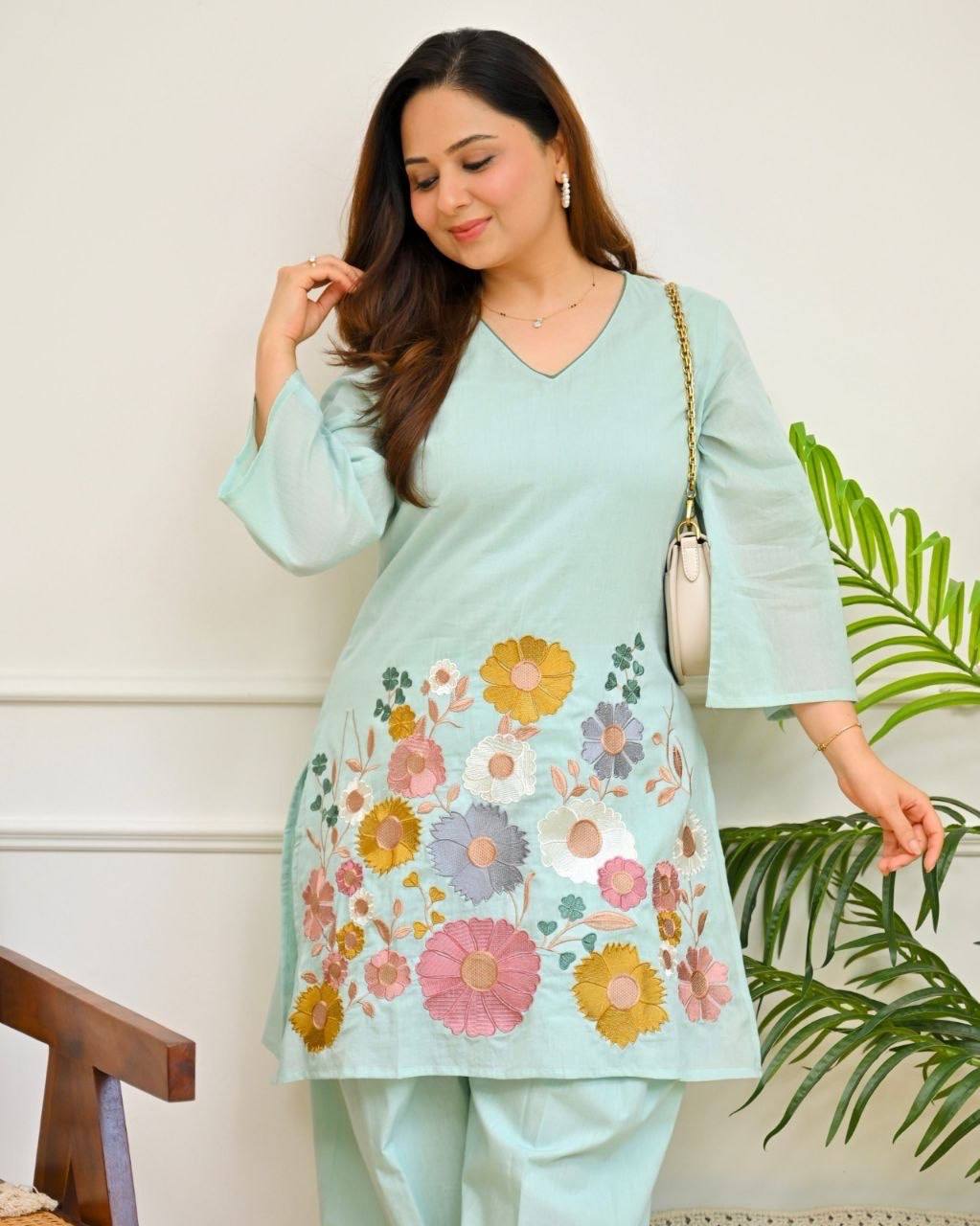 Mint Blossom Threaded Mul Cotton Farshi Set
