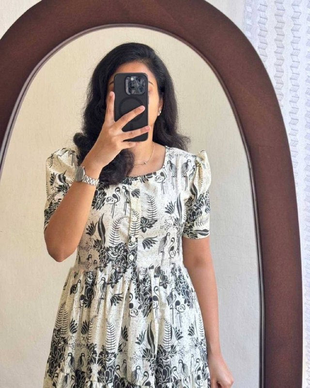 Monochrome Botanical Cotton Tiered Midi Dress for Women