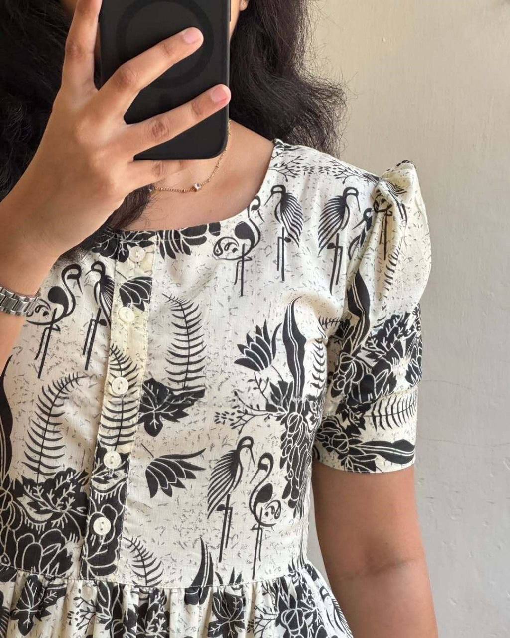 Monochrome Botanical Cotton Tiered Midi Dress for Women