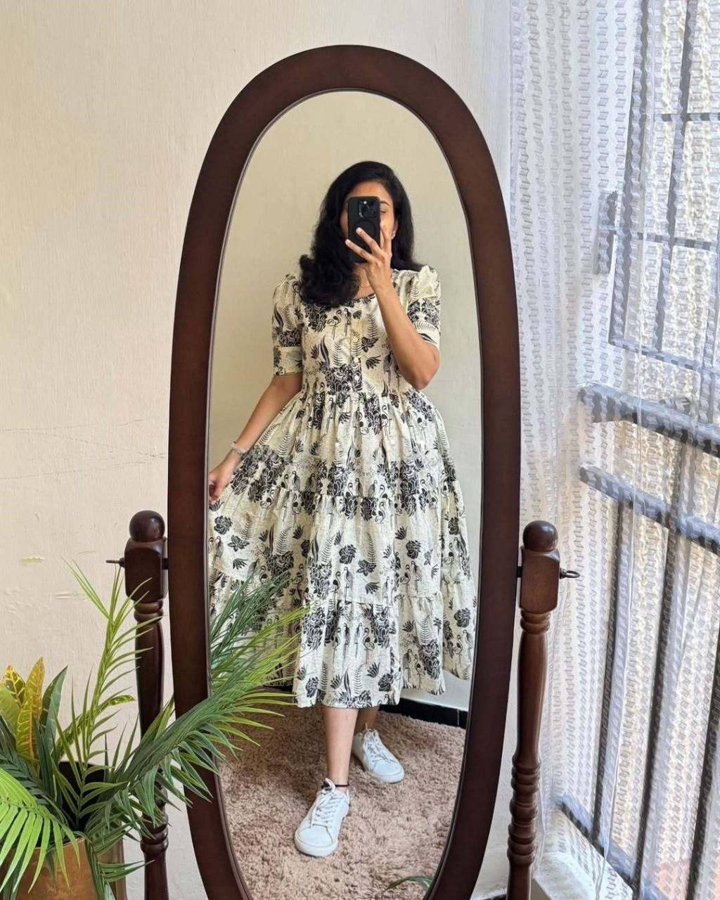 Monochrome Botanical Cotton Tiered Midi Dress for Women