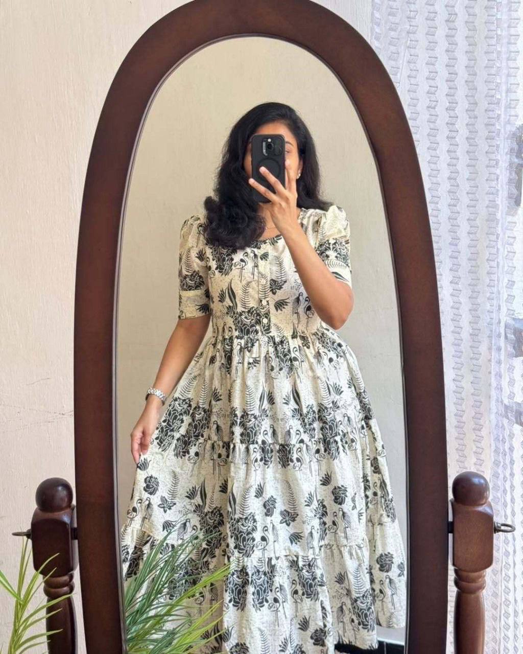 Monochrome Botanical Cotton Tiered Midi Dress for Women