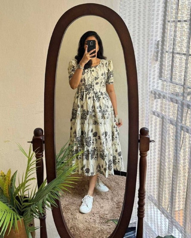 Monochrome Botanical Cotton Tiered Midi Dress for Women
