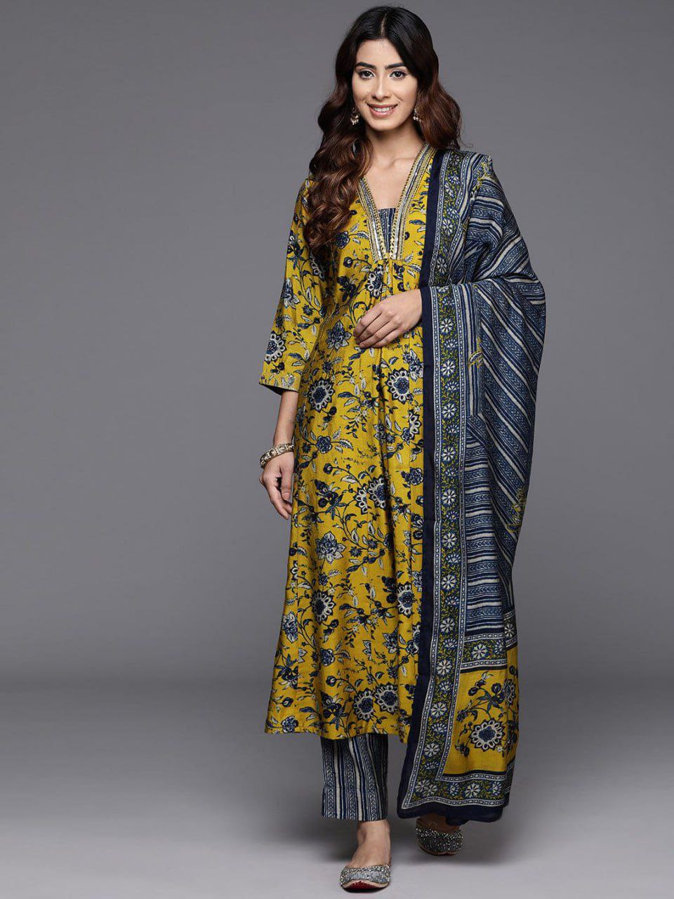 Mustard Bloom Printed Kurta Set with Dupatta