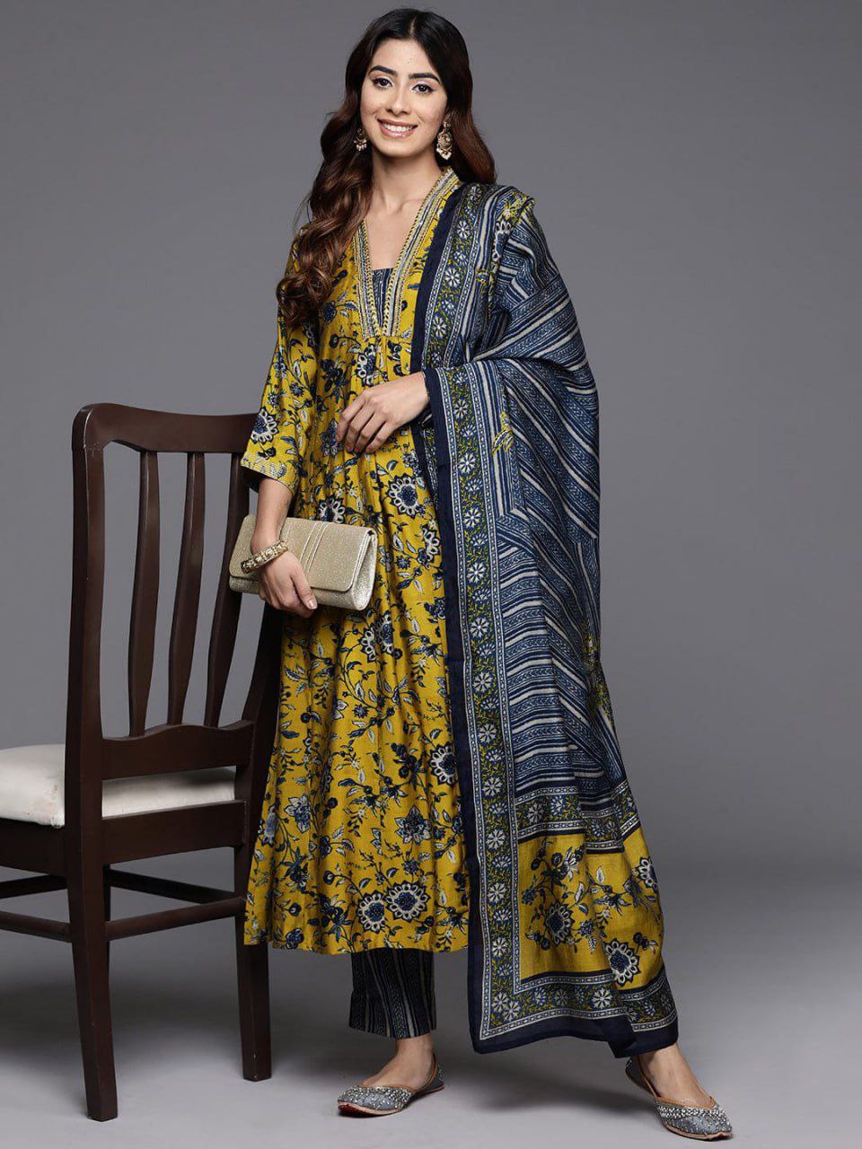 Mustard Bloom Printed Kurta Set with Dupatta