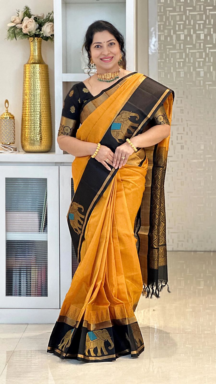 Mustard Yellow Silk Saree with Black Elephant Motif Border