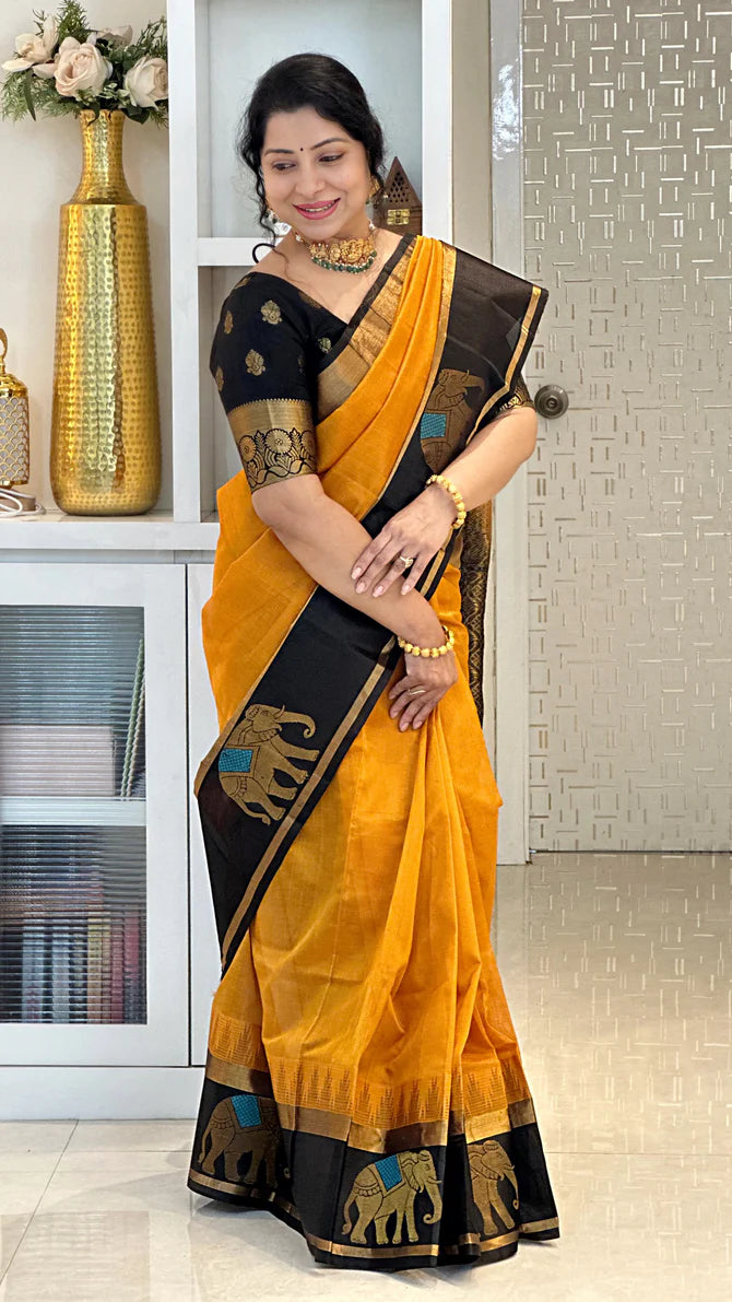 Mustard Yellow Silk Saree with Black Elephant Motif Border