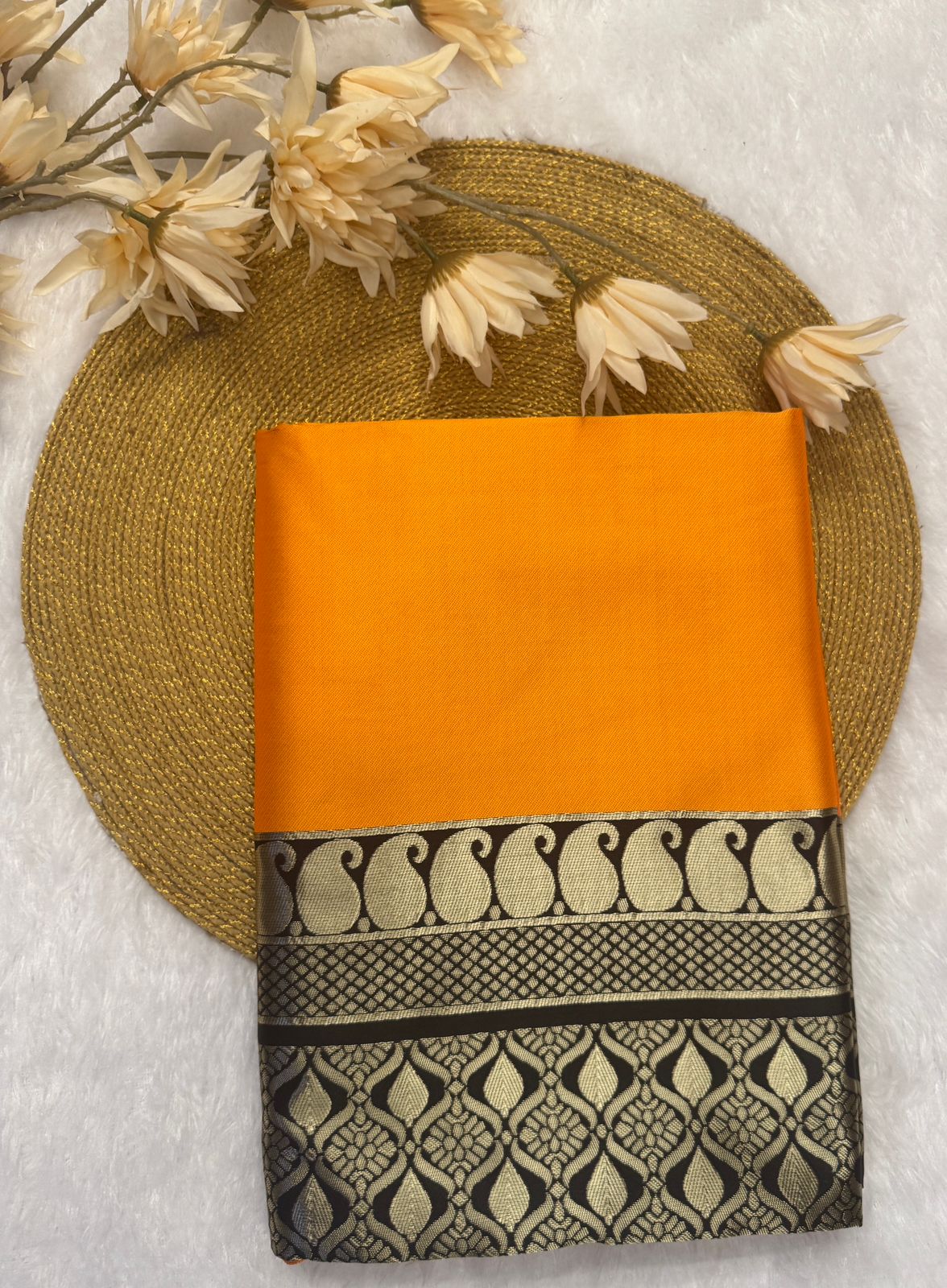 Mustard Yellow Silk Saree with Black Elephant Motif Border