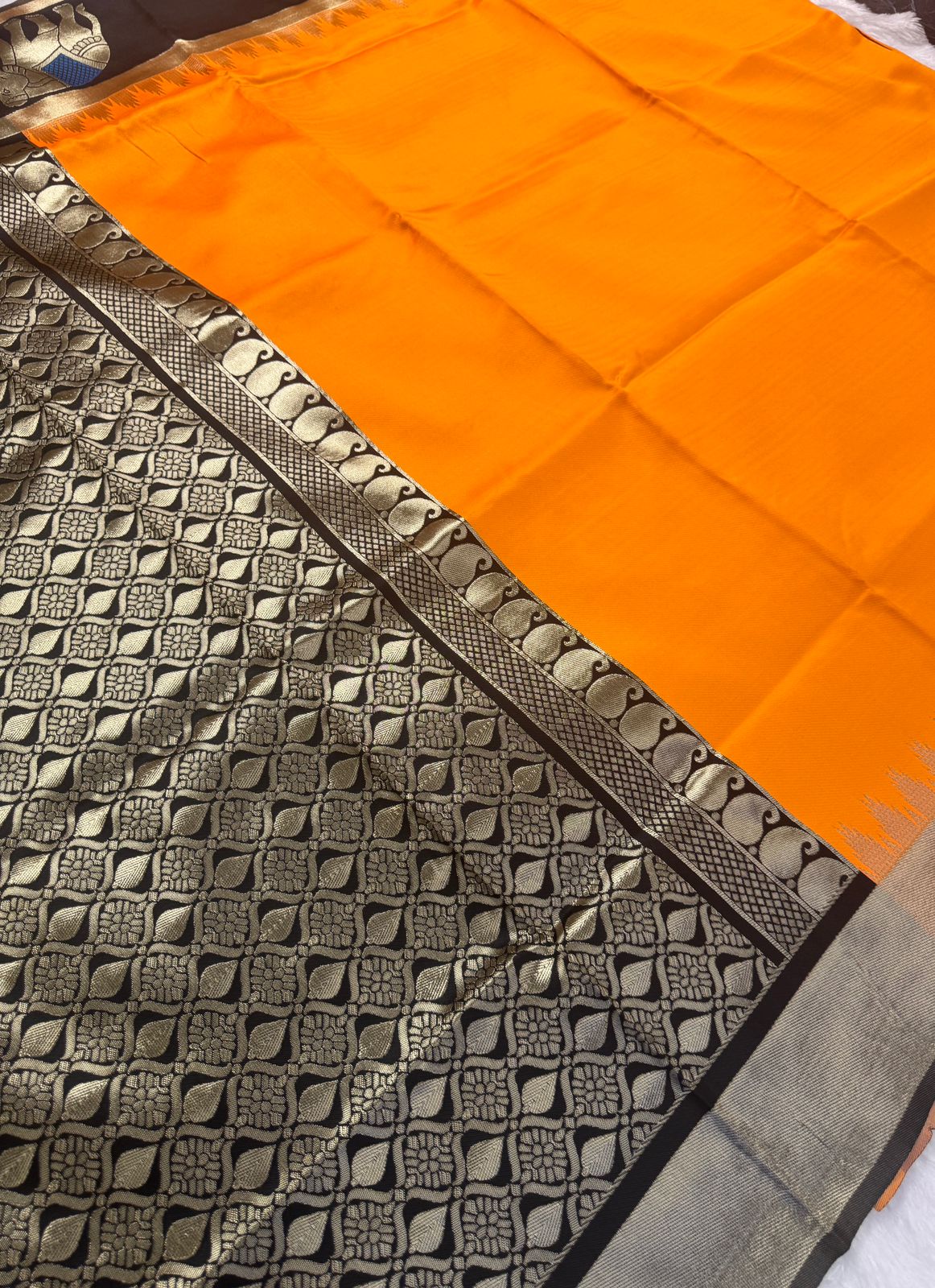 Mustard Yellow Silk Saree with Black Elephant Motif Border