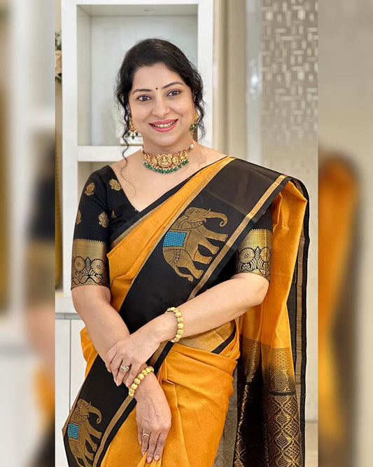Mustard Yellow Silk Saree with Black Elephant Motif Border