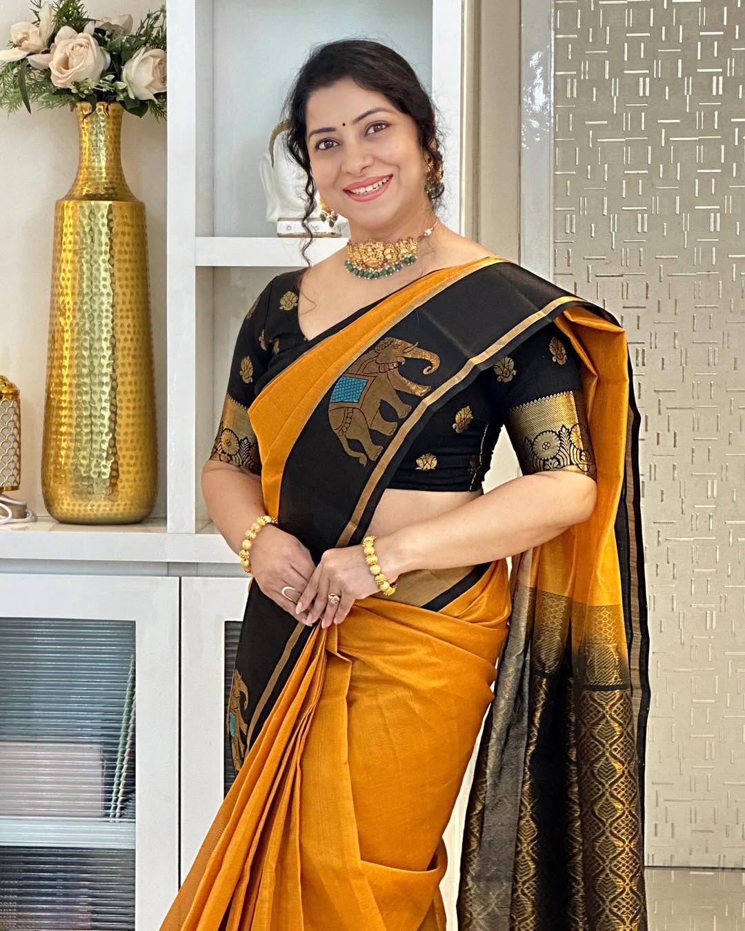 Mustard Yellow Silk Saree with Black Elephant Motif Border