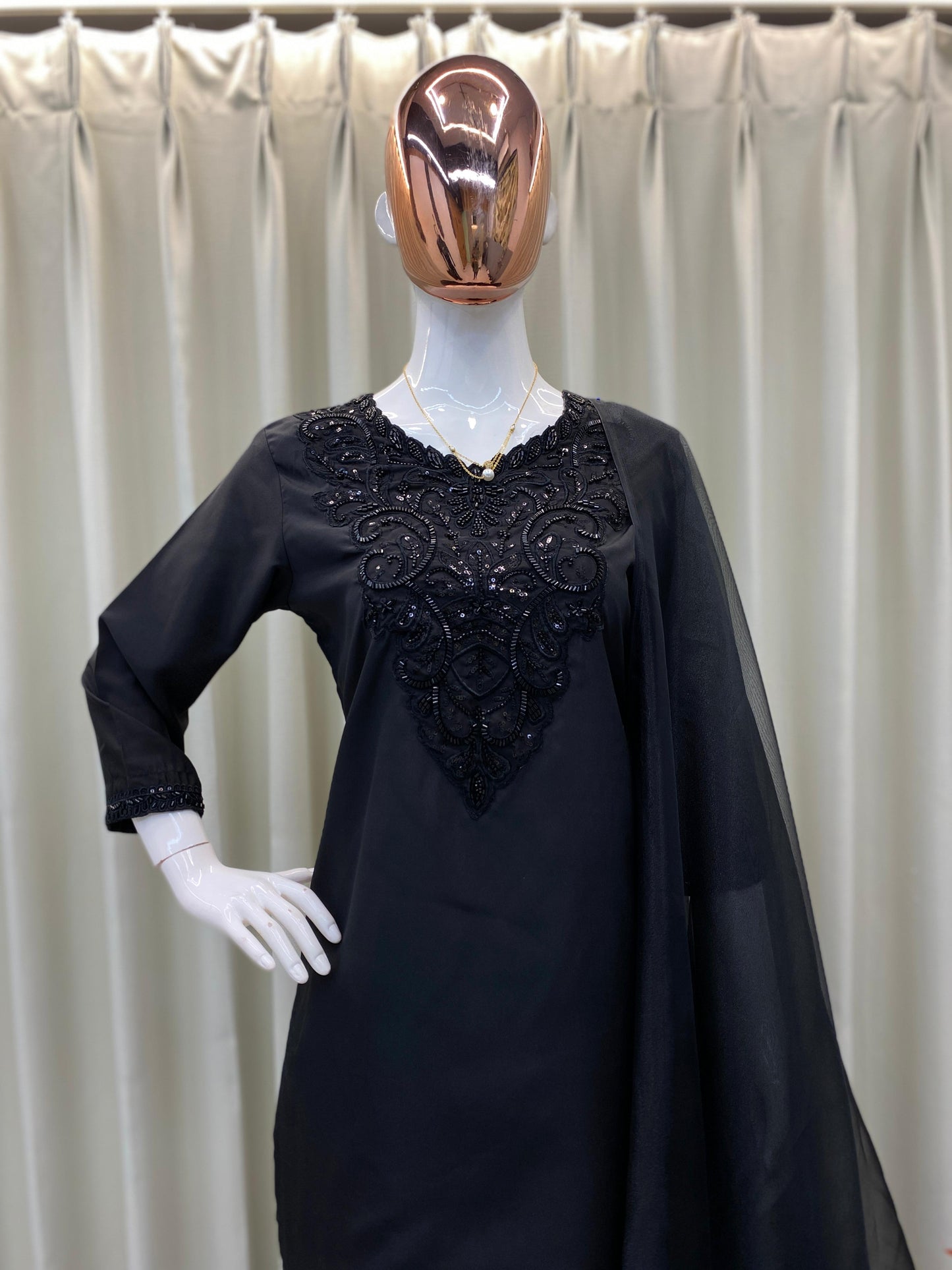 Noir Grace Beads(Moti) Embroidered Kurta Set with Dupatta