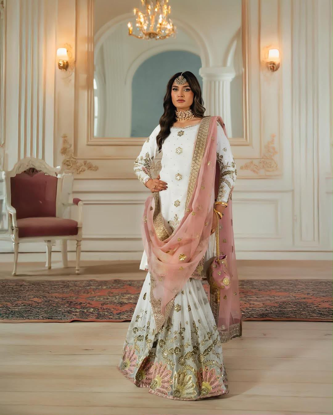 Noor Mahal Premium Embroidered Sharara Set with Organza Dupatta